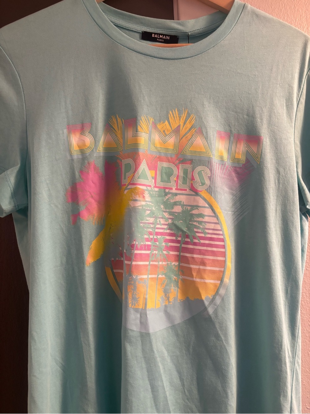 Balmain Mens Pastel Blue Palm Sunset Graphic Tee